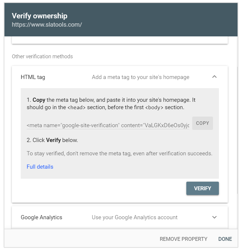 Verifica Tag HTML Google Search Console